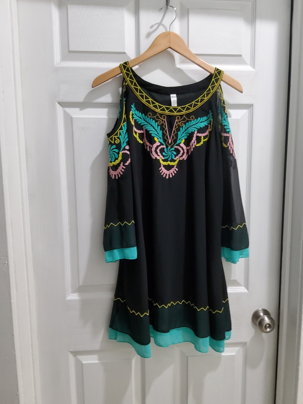 Fashion Bug Black Dress with Teal, Pink and Yellow Embroidery